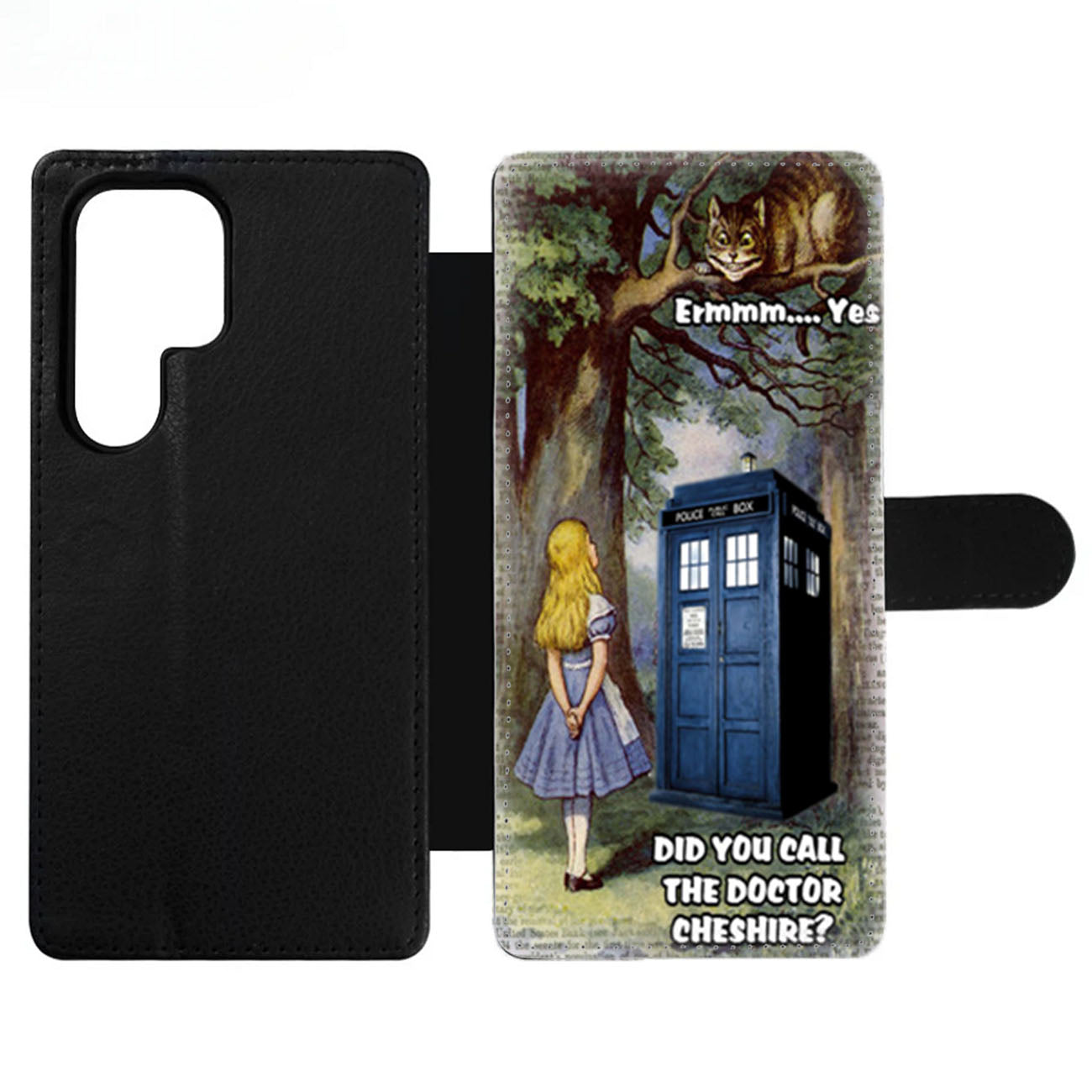 Alice In Wonderland Cheshire Cat and Doctor Who Tardis Wallet Samsung Case