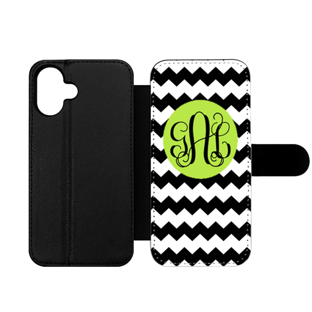 Black Lime Green and White Bold Chevron Monogram Wallet iPhone Case