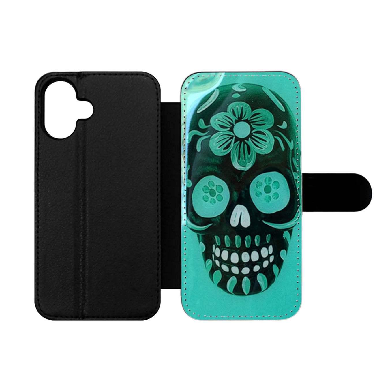 Floral Sugar Skull Turquoise Wallet iPhone Case