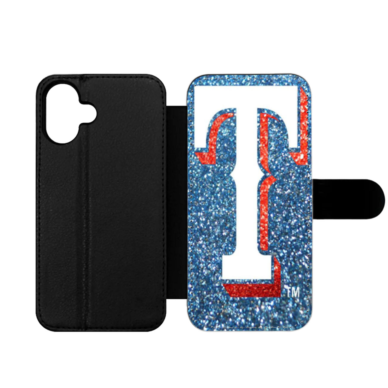 Texas Rangers Baseball Logo Blue Faux Glitter Wallet iPhone Case