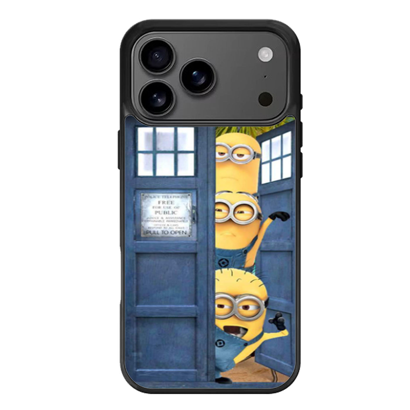 Three Despicable Me Minion In Dr Who Tardis Call Box iPhone 17 Pro Max Case