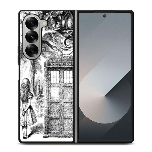Alice In Wonderland and Cat on Doctor Who Box Samsung Z Fold 6 Case