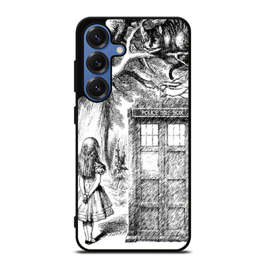 Alice In Wonderland and Cat on Doctor Who Box Samsung S25 Ultra Case