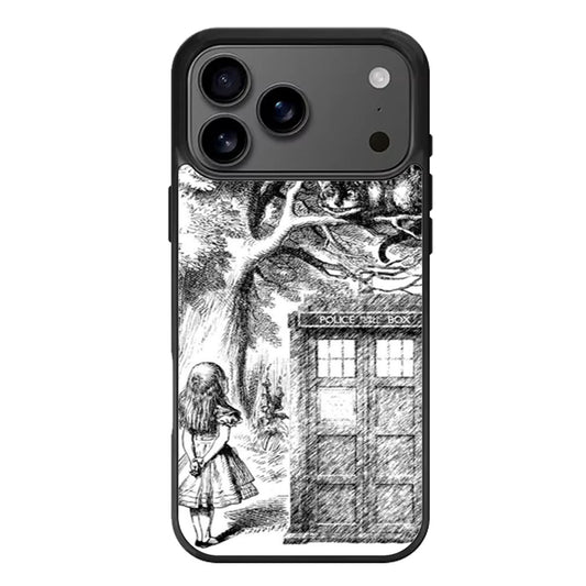 Alice In Wonderland and Cat on Doctor Who Box iPhone 17 Pro Max Case