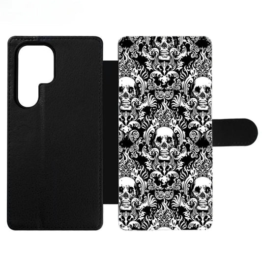 Black Damask Skull Pattern Wallet Samsung Case