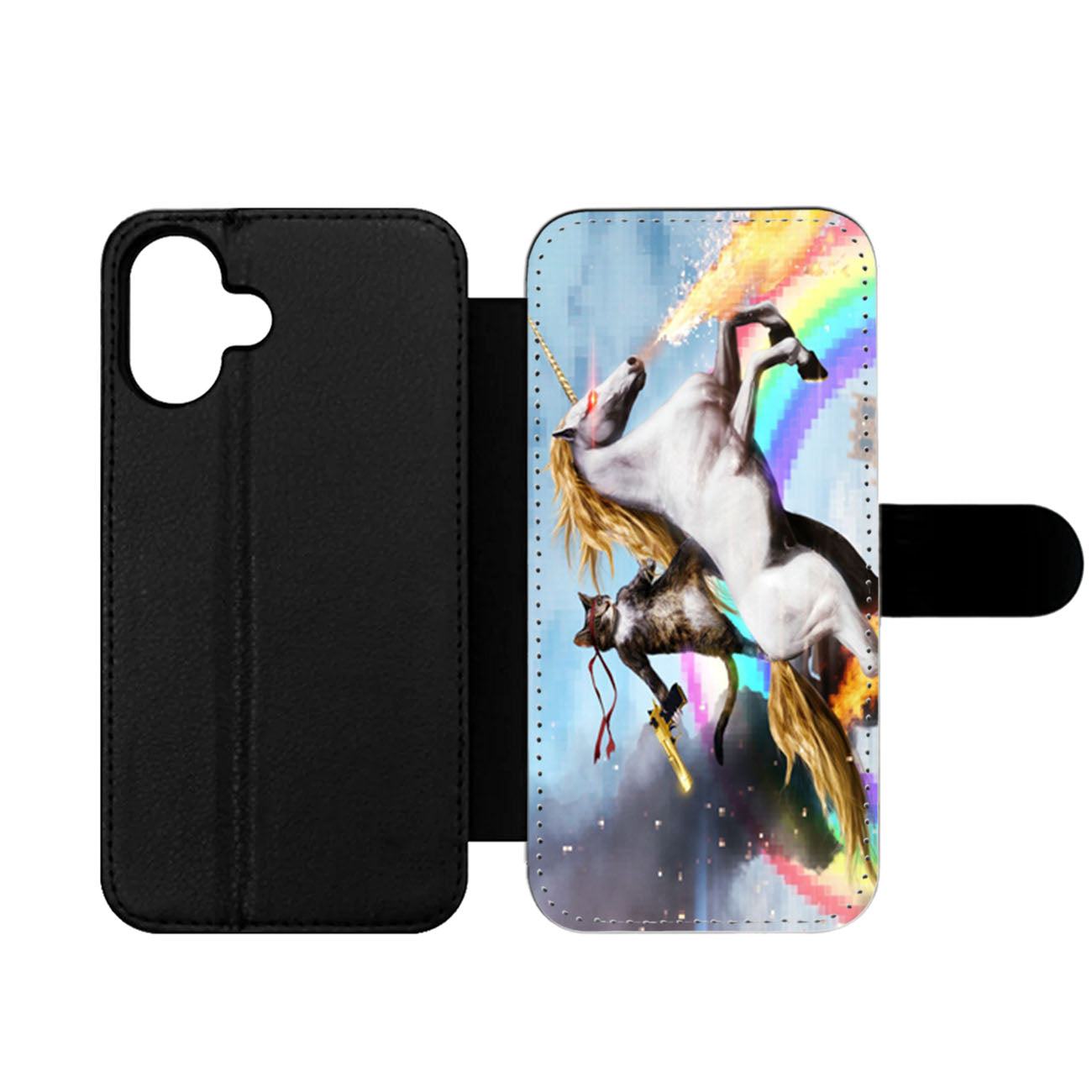 Cat Riding Unicorn Design Wallet iPhone Case