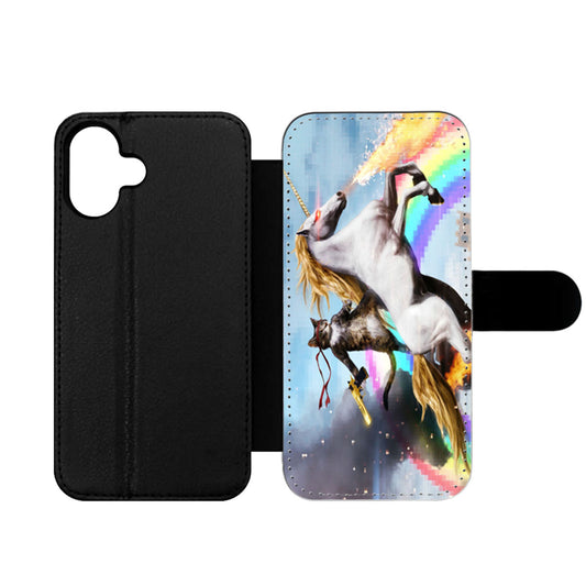 Cat Riding Unicorn Design Wallet iPhone Case