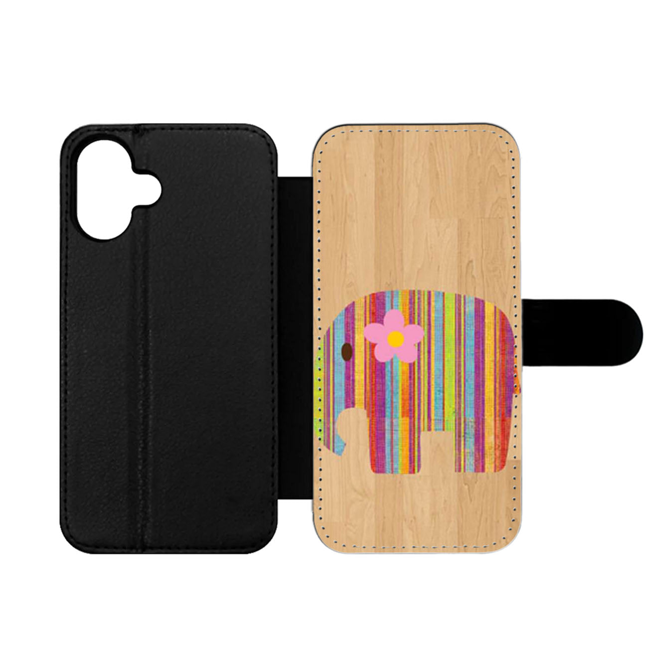 Elephant Rainbow Wood Wallet iPhone Case