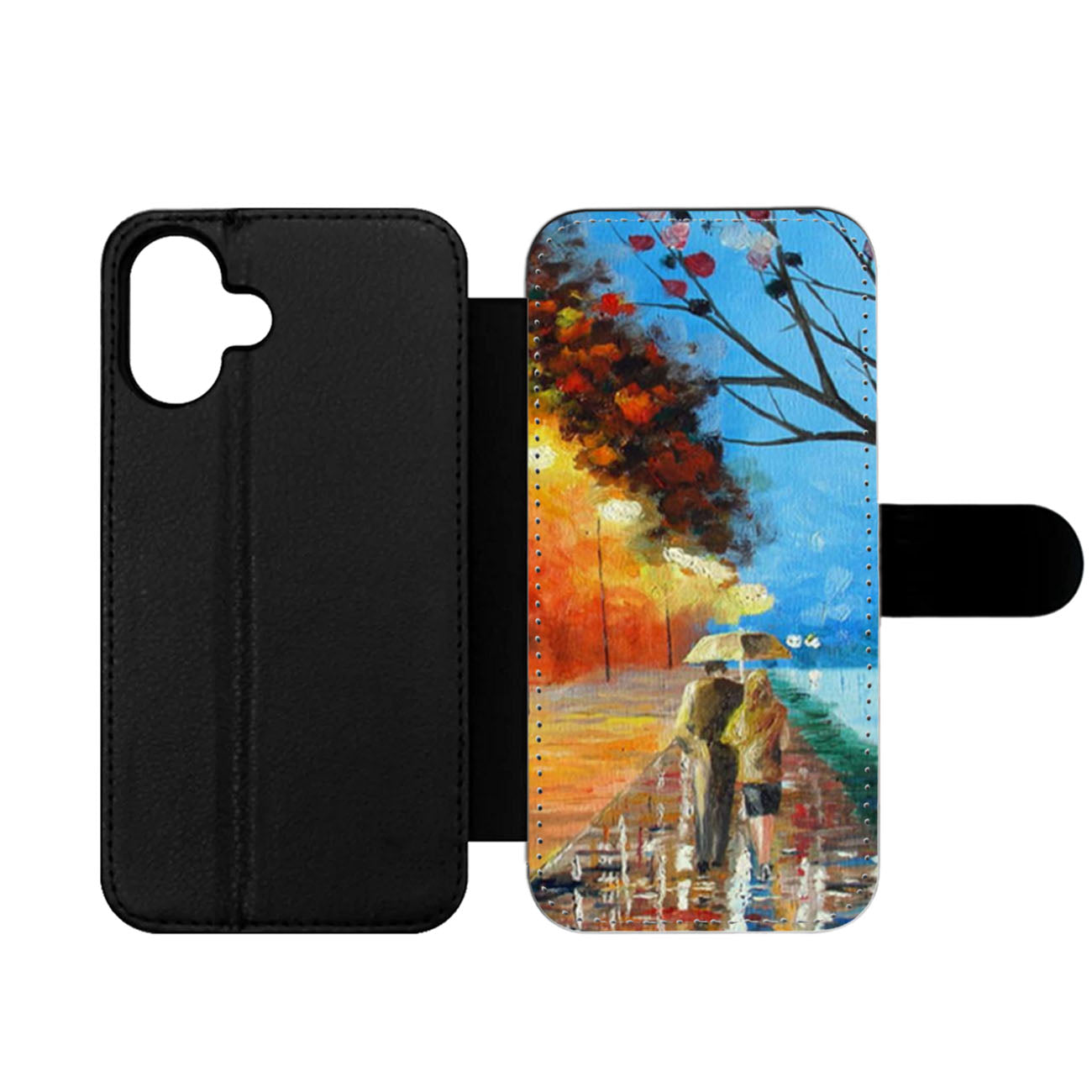 Rain Road Couple Love Oil Painting Wallet iPhone Case