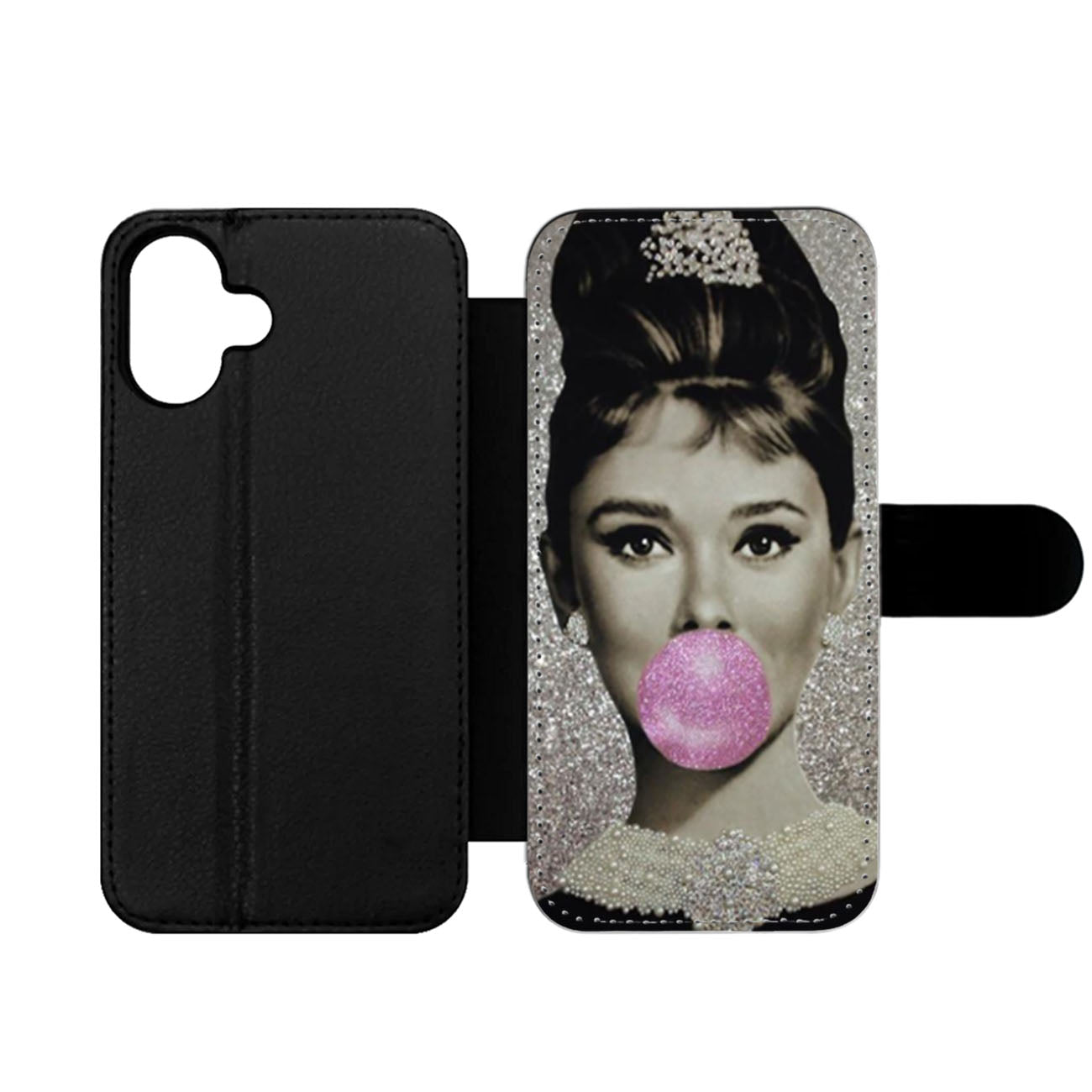 Vintage Audrey Hepburn Bubblegum Faux Glitter Wallet iPhone Case