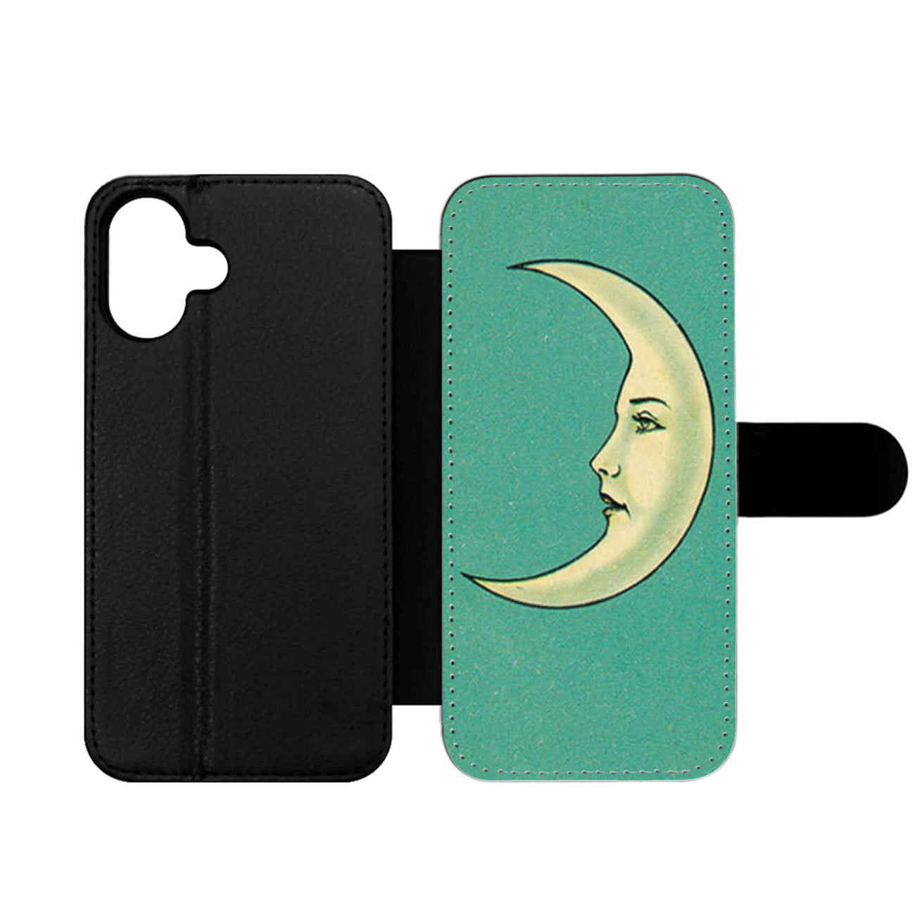 Vintage Crescent Moon Face Wallet iPhone Case